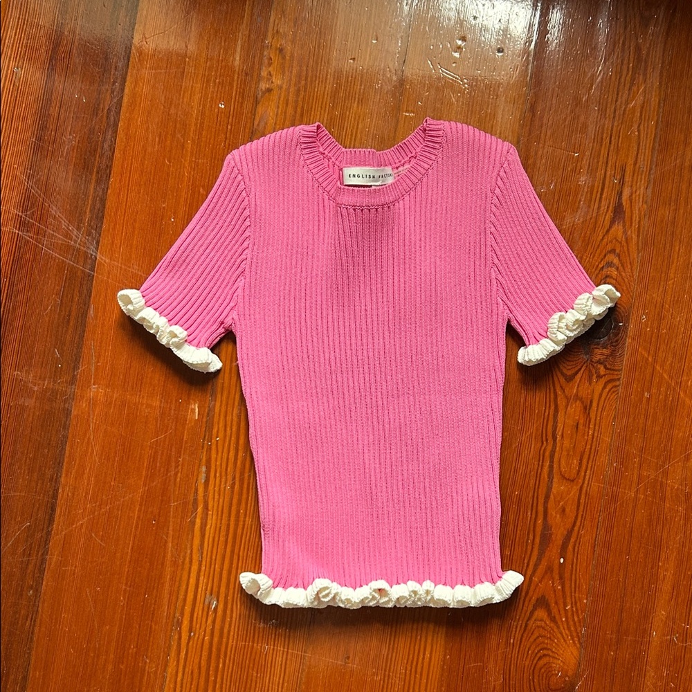 English Factory Hot Pink Knit Top with Cream Ruffle Trim